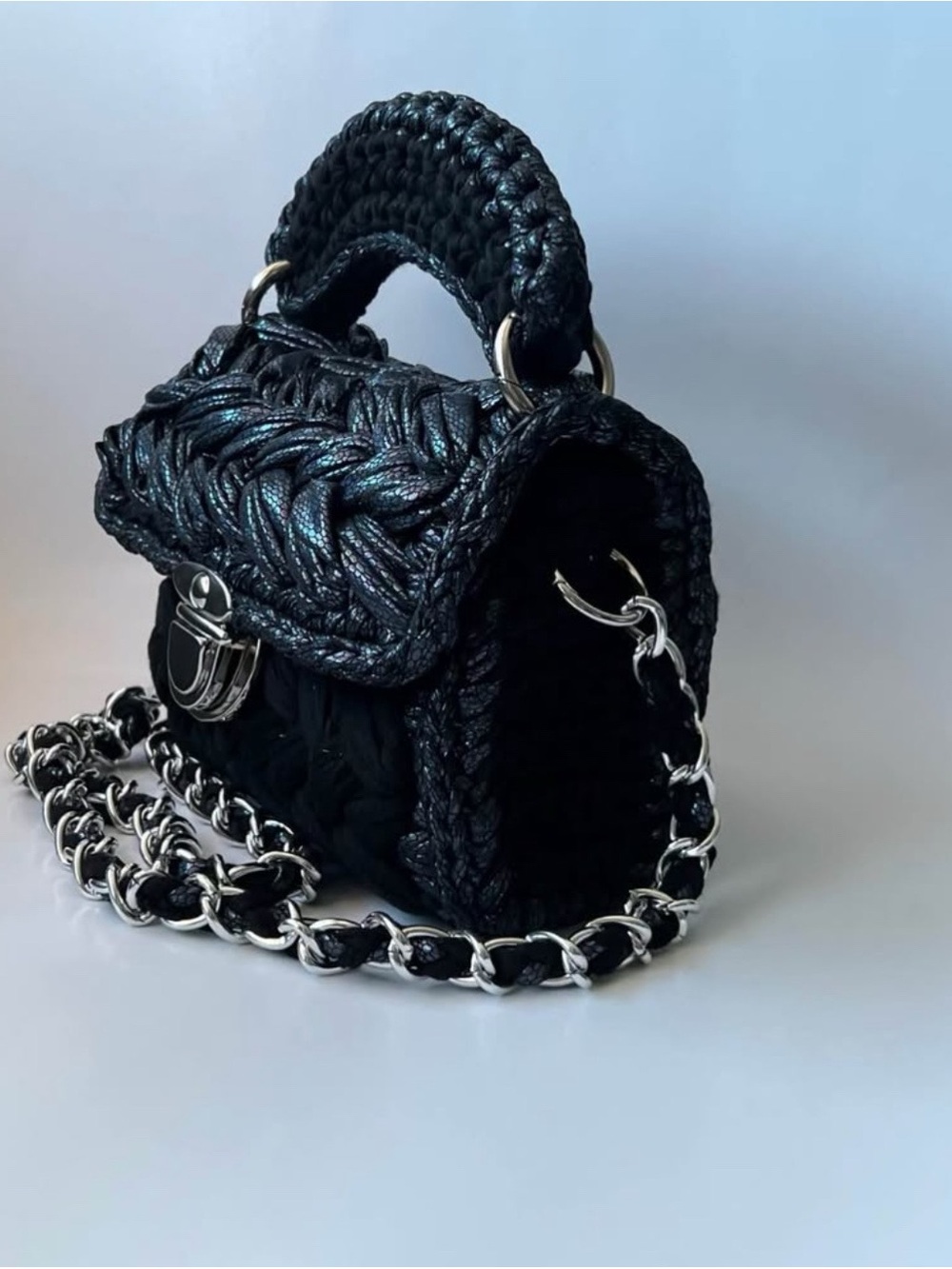 Handwoven Black Mini Shoulder Bag with Chain Strap